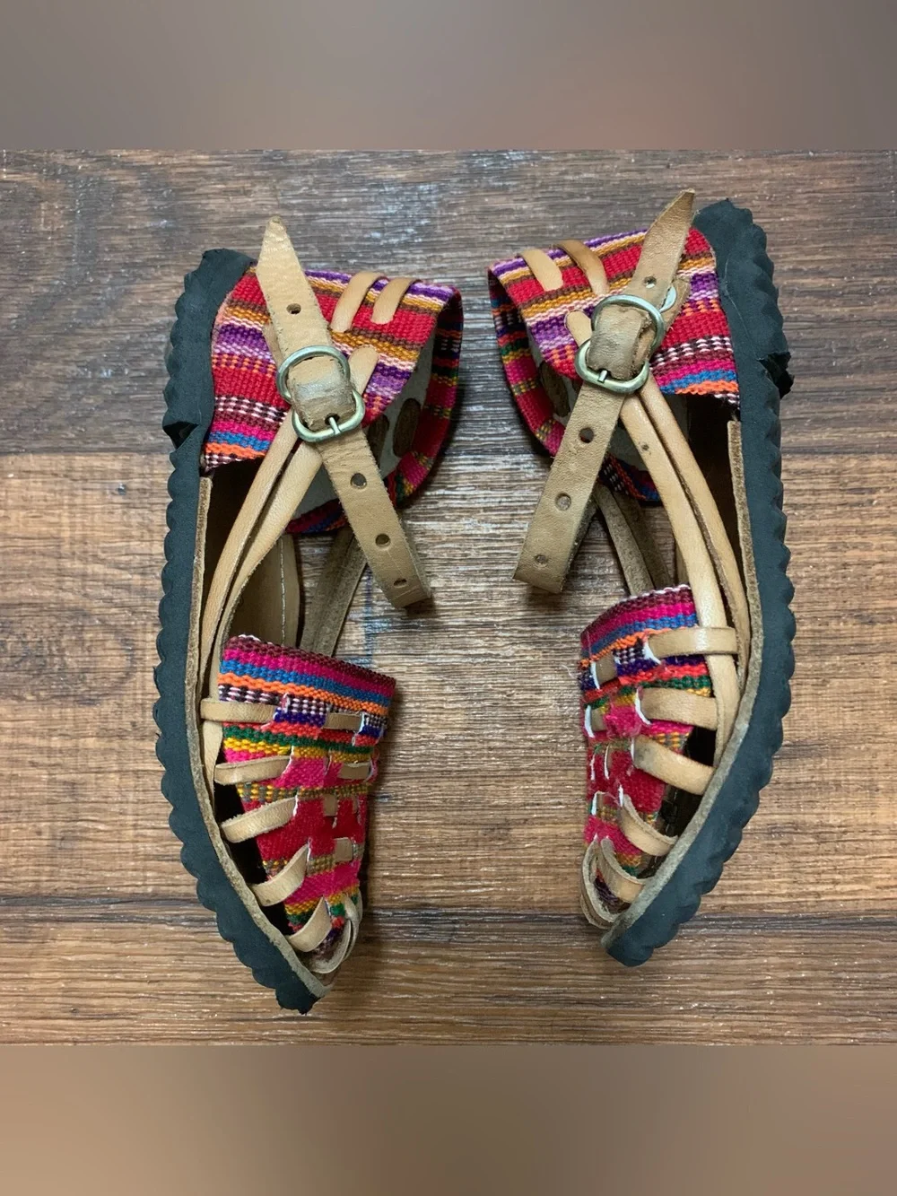 Colorful Woven Leather Mary Jane Sandals Handmade Girls Mexican Sz 29 (11 USA)